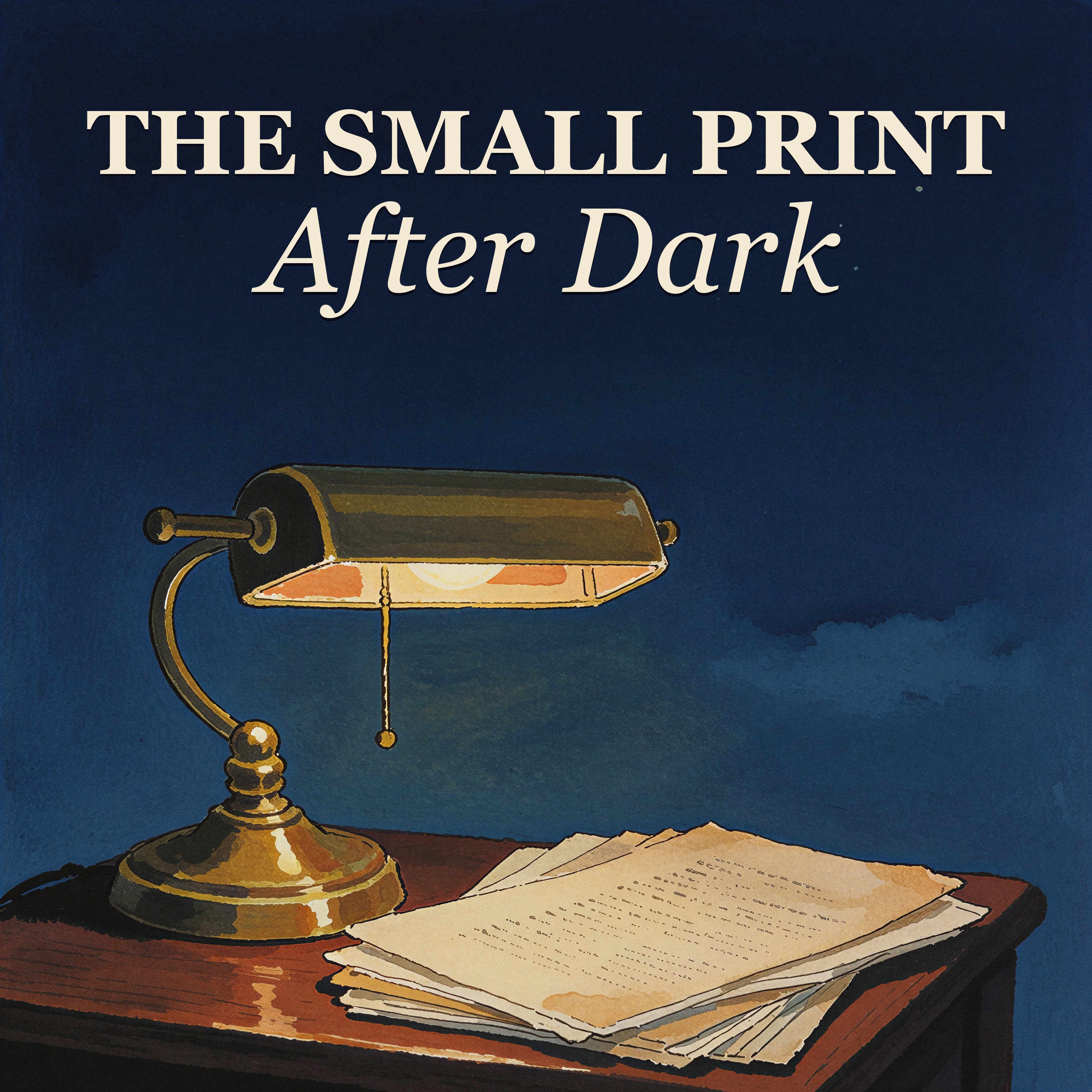 The Small Print, After Dark: a brass lamp over a stack of papers at night